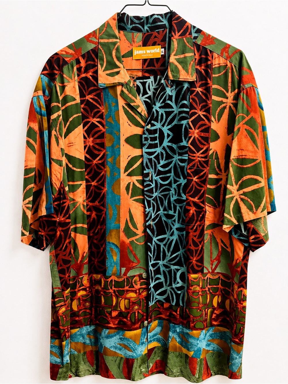 Jams World Orange Green Teal Black Patterned Hawaiian Shirt XL